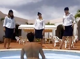 Kinky girls in stewardess uniform have wild sex by the pool
