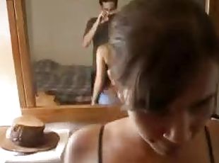 Hot brunette sucking big cock and swallowing cum