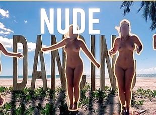 nudiste, en-plein-air, public, femme, amateur, plage, danse, exhibitionniste