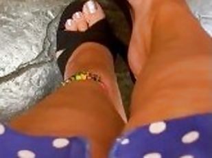 Shoe play! Very high heels, pink metallic polish! BBW thighs