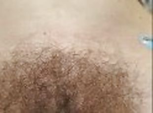 CLOSE-UP BUSH - sexy titty drop in background - a perfect hairy pus...