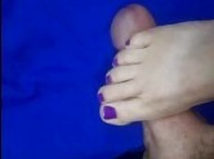 Releasing hubby 5 he enjoyed the handjob too much so I have to stomp on his throbbing cock