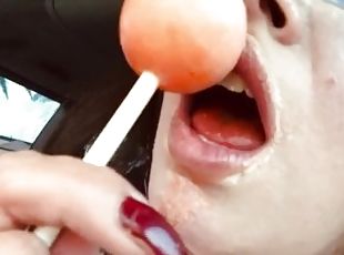 Mom Sucks a Big Fat Lollipop in the Car thinking about Your Big Dick