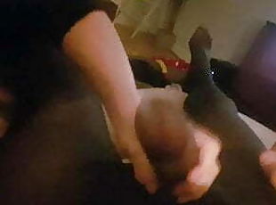 A Hand Job Treat For Hubby Through His Opaque Tights & Cum