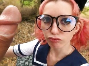 Cute little schoolgirl with glasses diligently gives blowjob and fa...