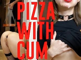 Skinny hotwife gets cum in mouth from pizza delivery guy, then eats...