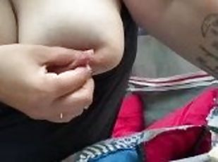 Milkymama gets cleaned up camping before expressing swollen milky tits