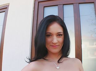 Beauty with black hair masturbates her hot cunt in close up