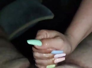 Beautiful Long Nails Handjob with a lot of oil until his little coc...