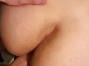 hundestilling, fisse-pussy, milf, creampie, synsvinkel, ægtemand, sperm, hvid, våd, pik