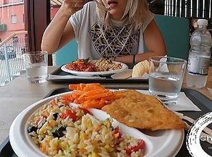 Risky public sex in the restaurant, Chri cums on my tits and I squi...