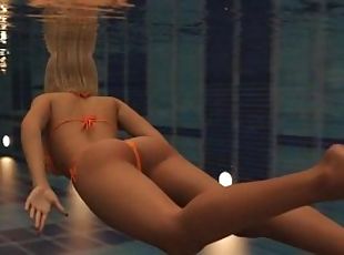 amateur, adolescente, primera-persona, rubia, piscina, 3d, bikini, erótico