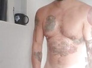 bañando, amateur, gay, paja, ducha, a-solas, tatuaje, calientapollas