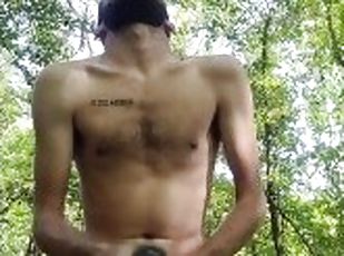 en-plein-air, public, ejaculation-sur-le-corps, énorme-bite, gay, branlette, ejaculation, solo, minet, tatouage