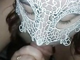 Cum in the mouth of a whore's wife in a sexy white mask, cum in the...