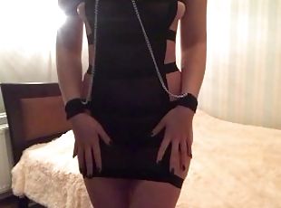Submissive slut in hotel room wearing sexy dress outfit in bed horn...