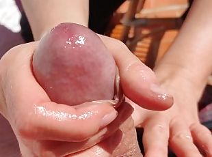 I asked my wife to help me cum. Handjob on the terrace.
