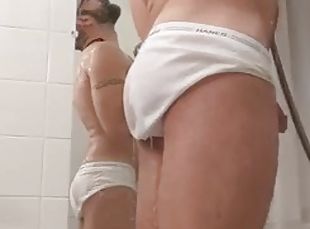 Wet hairy daddy pisses on the mirror in tight whites and sensual sh...