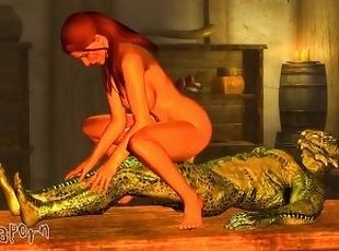 Lizardman gets milked by Sexy Red Head MILF in Bar 