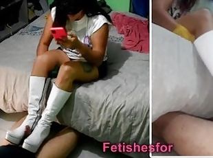 Mistress in leather Shorts & 70s white platform boots does assjob & handjob & bootjob until cum!