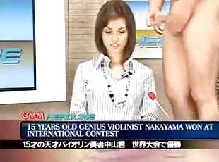 Doing the news while guys fuck her face and cum on her