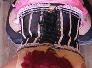 Sissy Slut in Corset & Stockings Deep Throats Huge Dildo While Fuck...