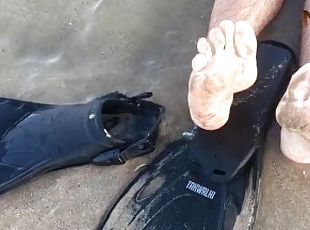 CUM FINS & FLIPPERS - PUBLIC NUDIST BEACH - CUM FEET SOCKS SERIES -...