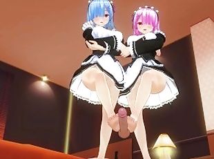 3D HENTAI POV Rem and Ram footjob your cock