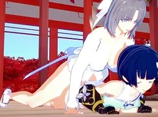 cuatro-patas, mamada, lesbiana, tragar, corrida, anime, hentai, 3d, cowgirl