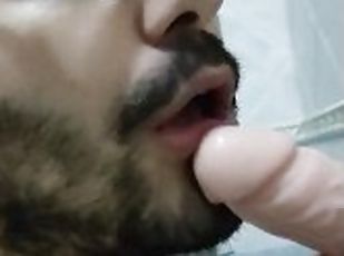 a sloppy and dirty blowjob to a 8 inches dildo with deep throat, di...
