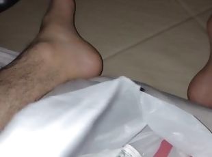 I was trying to cumshot in the bag but i miss and cum in my legs an...