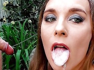 Sloppy blowjob outdoors - lots of spit, drooling and oral creampie ...