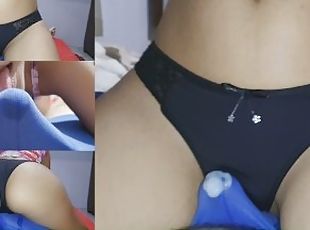 Cumming during a lapdance, black satin panties grinding cum in pant...