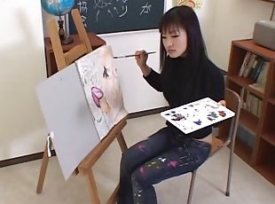 Artistic Asian girl paints his body then sucks his cock