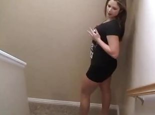 sexy tease on the stairs then take a huge load