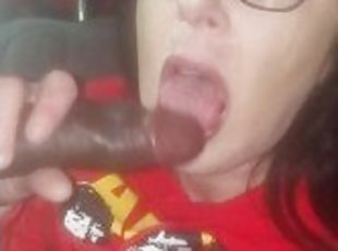 Public Blowjob - big tits Brunette passionately sucks black cock fr...