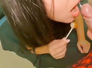 My step sister loves to suck lollipops today I offered her to try my cum lollipop