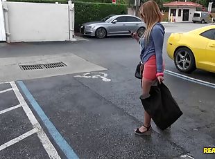 Parking lot pickup of an amateur babe taking dick in POV