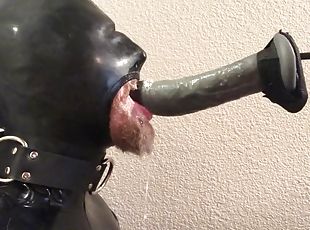Rubber pig throat fucked by a machine