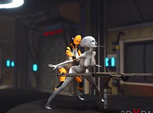 Futa sex robot plays with a female alien in the sci-fi lab