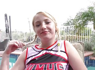 Blonde cheerleader Dixie Lynn gives head and gets fucked hard