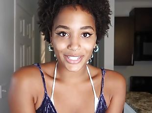 Amateur ebony babe with beautiful black tits gives POV blowjob to d...