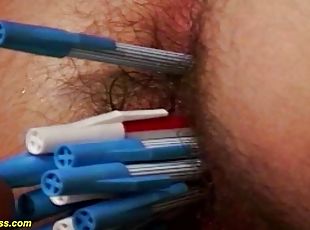 Skinny redhead babes hairy bush asshole gets toyed with pens and de...