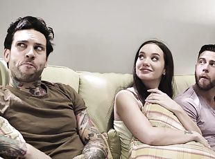 Hot threesome for tattooed bitch who enjoys taking two big dicks