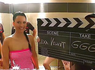 Behind the Scenes with Lexa Velvet as she blowbangs her way through a group of guys.