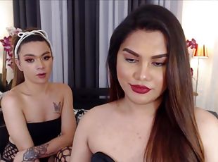 Two cute brunette lesbian shemales in lingerie in private webcam sh...