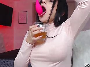 Big tits brunette slut licking glass then pouring pink vibrator in her drink