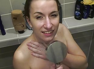Beautiful girlfriend shows how she shampoos and washes her hairy sl...