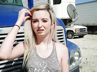 Blonde teen Lexi Lore sucks a fat cock on a truck stop and eats cum