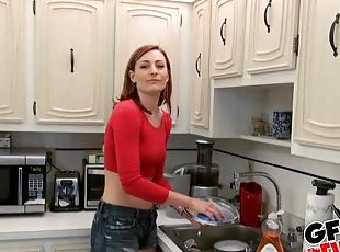Blue eyed redhead mature wife Dia Del Rose fucks in the kitchen